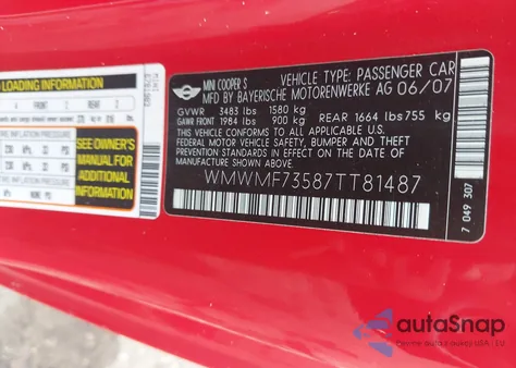 2007 Mini Cooper S из США, поврежденный, VIN WMWMF73587TT81487